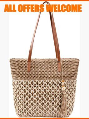 Handwoven Straw Tote Bag with PU Leather Strap, Zipper Closure